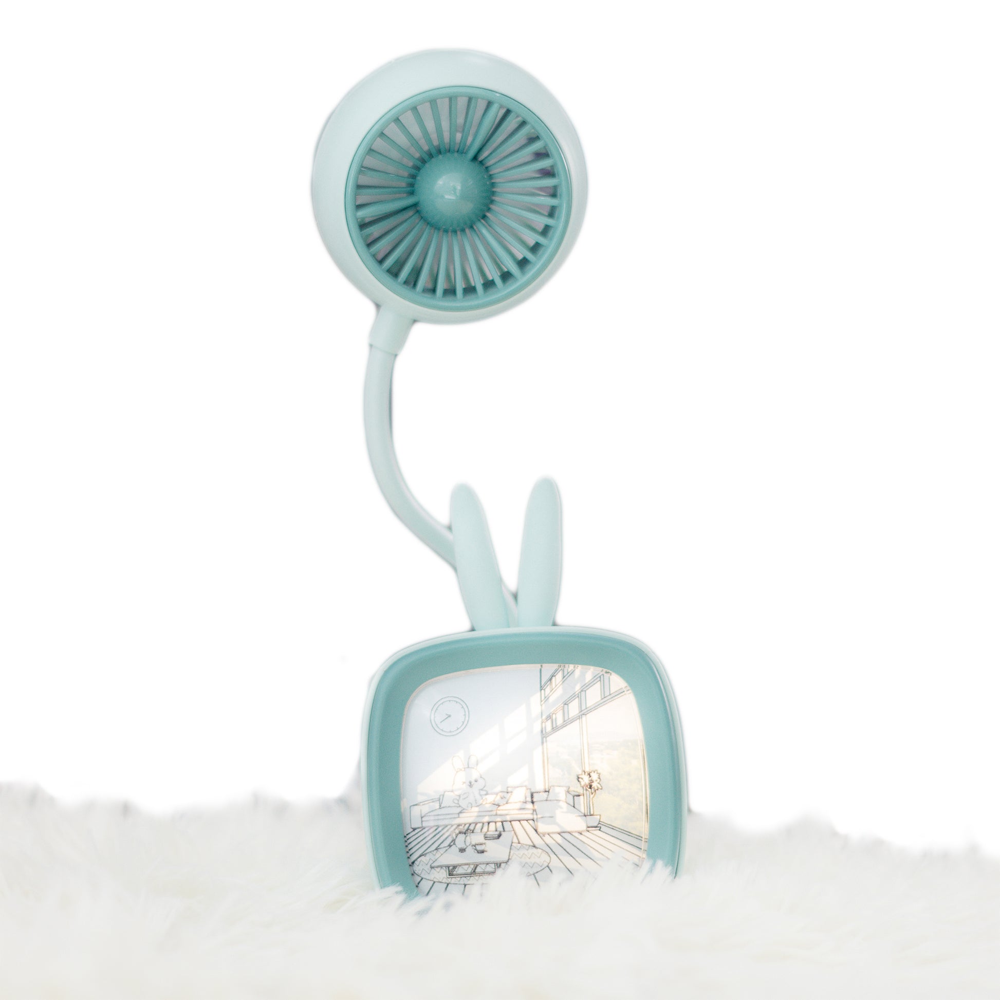 Ventilador de Escritorio con Diseño TV Retro – USB Recargable, con Base Decorativa de Conejito