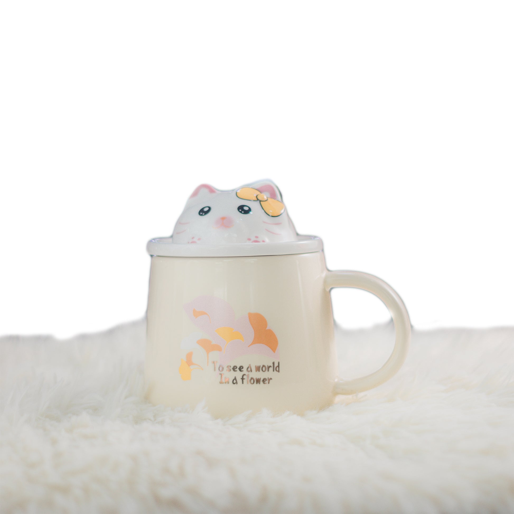 Taza de Gato con Tapa – “To see a world in a flower” Diseño Floral Kawaii