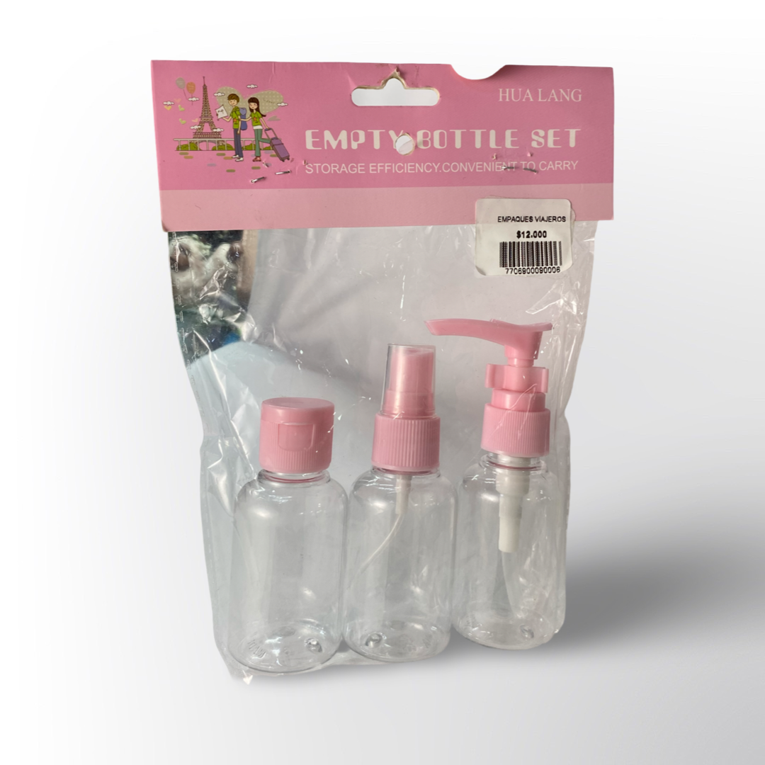 Set de Botellas Vacías de Viaje Transparente con Tapas Rosadas – Prácticas y Reutilizables