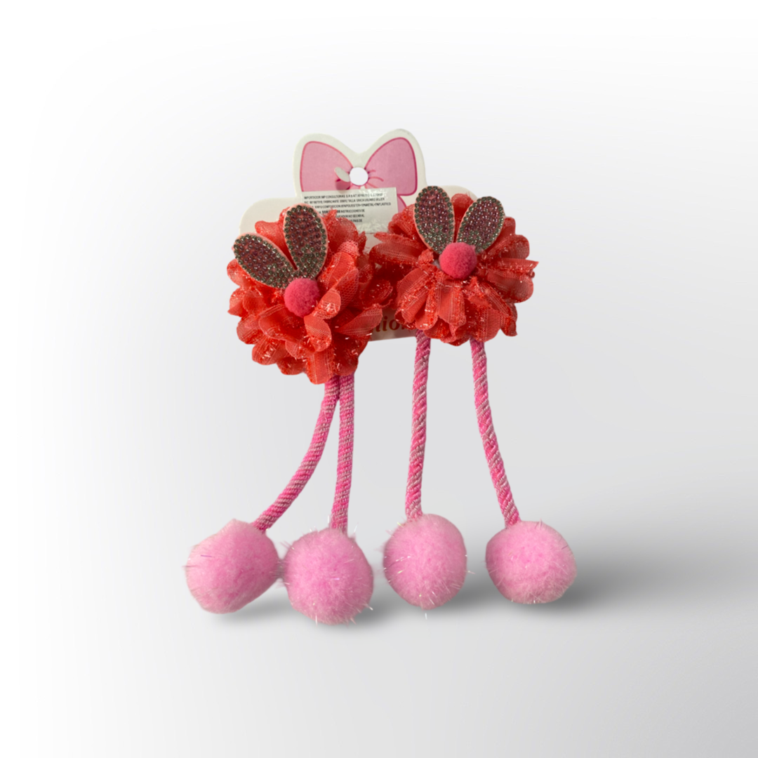 Par de Ganchos para Cabello Flores Rojas y Pompones Colgantes