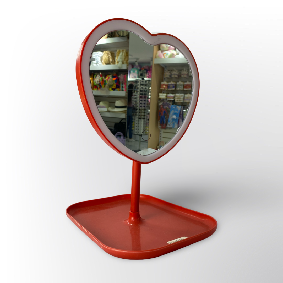 Espejo de Maquillaje LED en Forma de Corazón con Base Organizadora Roja