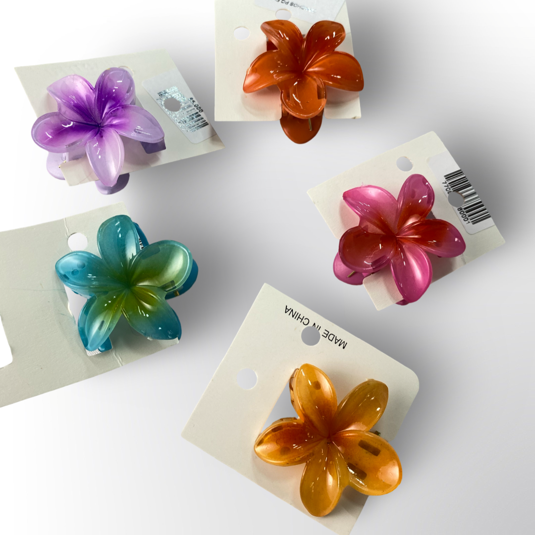 Pinza Mini Caimán Flor de Plumeria Acrílico Brillante (Surtido)