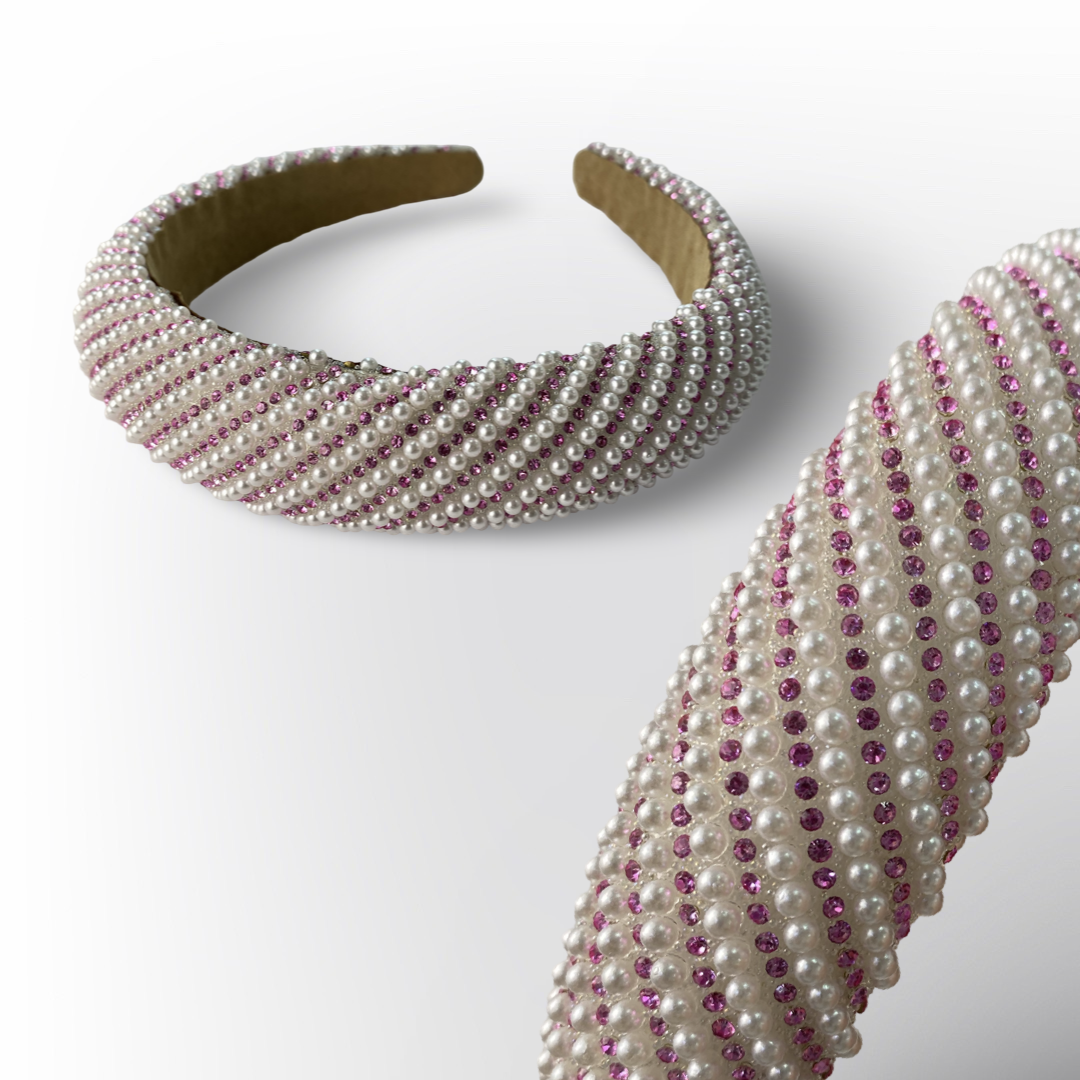 Diadema Gruesa Acolchada de Perlas y Cristales Trenzados (Surtido de Colores)