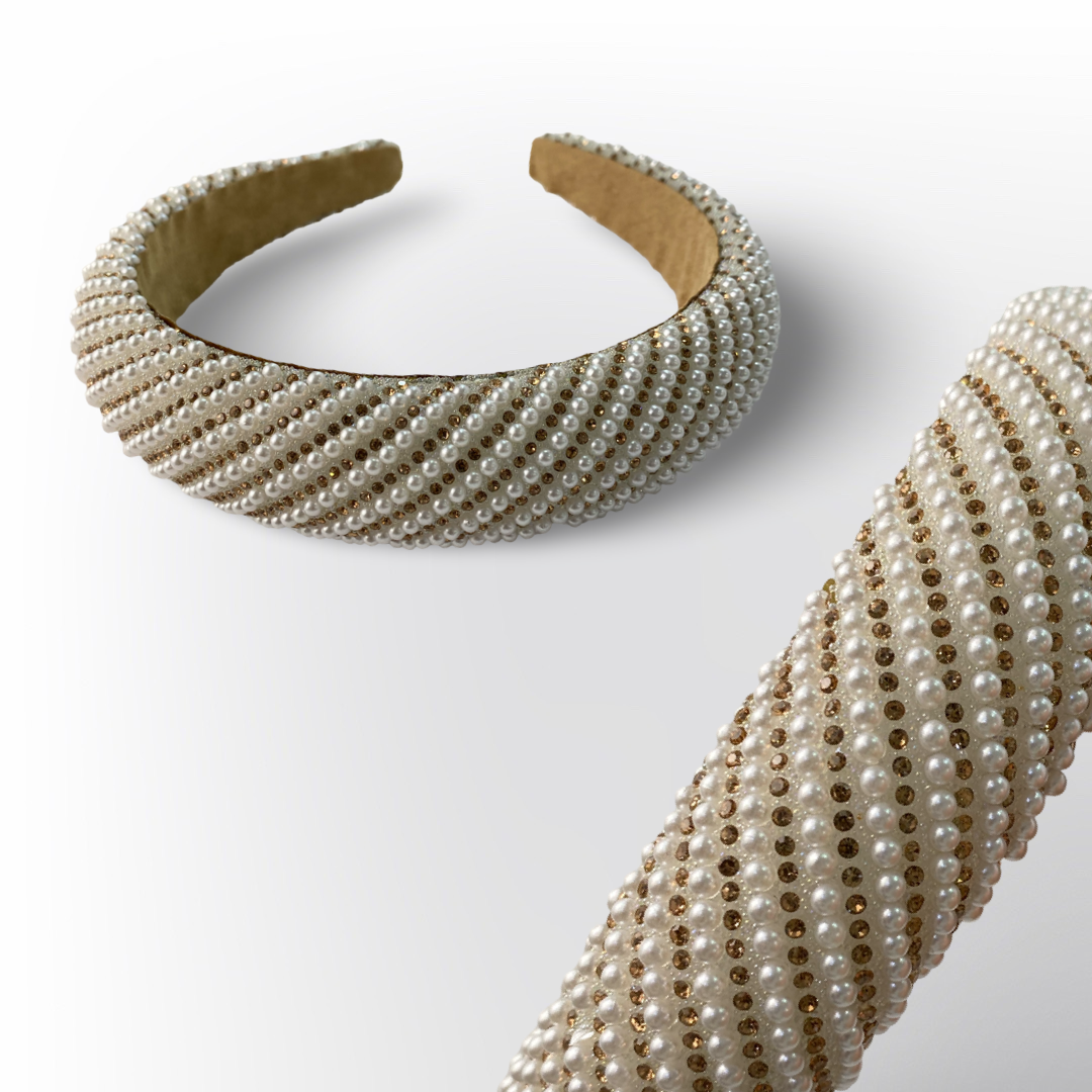 Diadema Gruesa Acolchada de Perlas y Cristales Trenzados (Surtido de Colores)