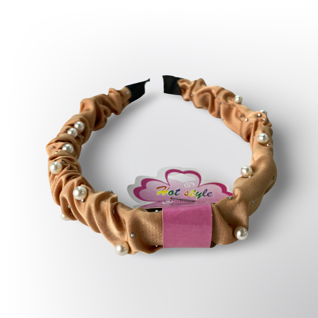 Diadema Elástica Fruncida Colores Variados con Perlas Decorativas