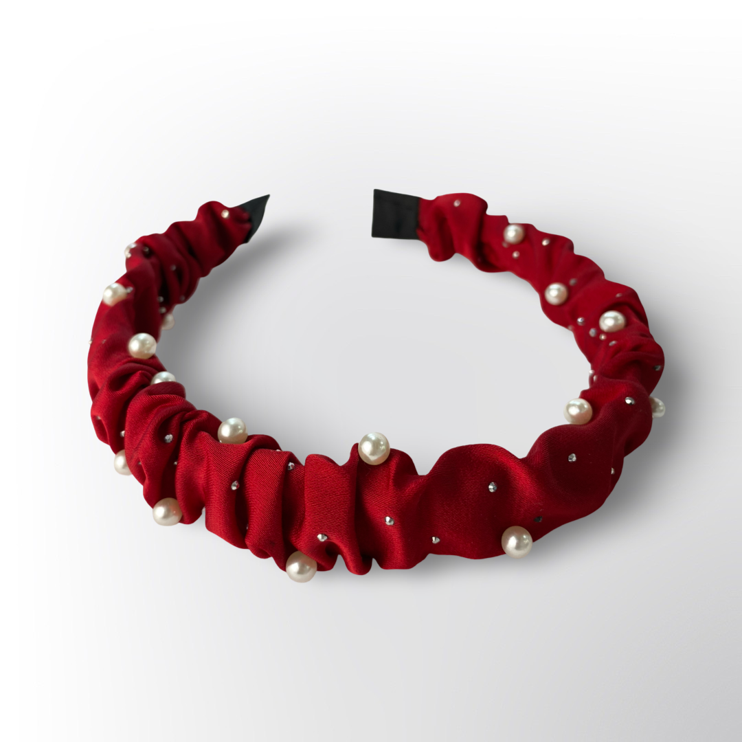 Diadema Elástica Fruncida Colores Variados con Perlas Decorativas