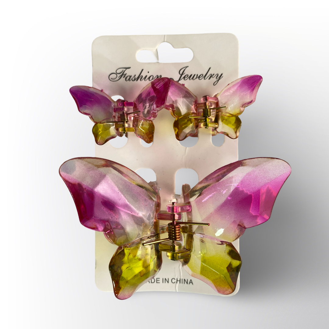 Set de Pinzas Mariposa de Cristal Acrílico Degradado | Broches de Pelo Grande y Pequeño de Doble Tono (Estilo Coreano)