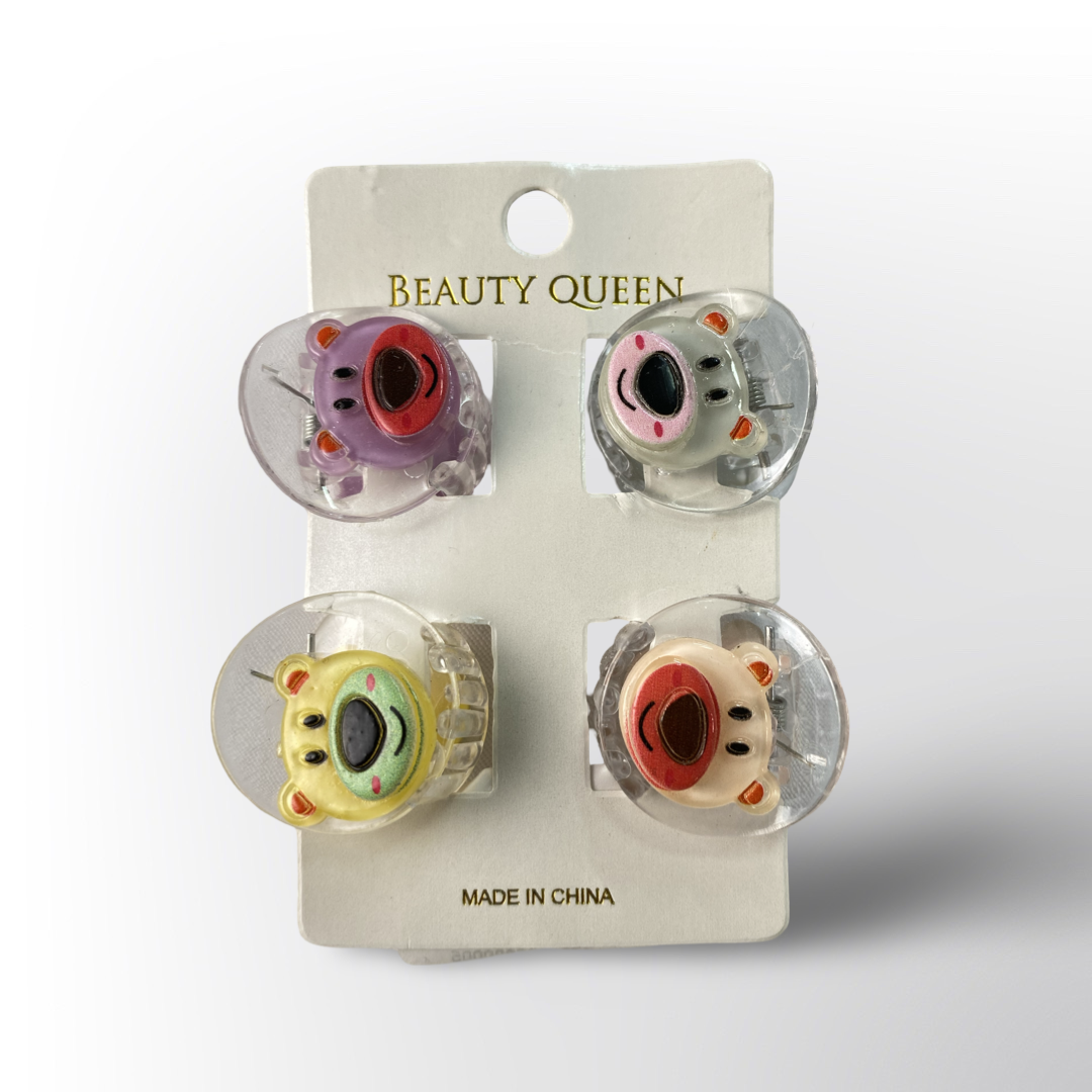 Mini Ganchos Ositos 🧸 – Set x4 en colores surtidos (morado, blanco, amarillo y beige). Ideales para peinados tiernos y divertidos.