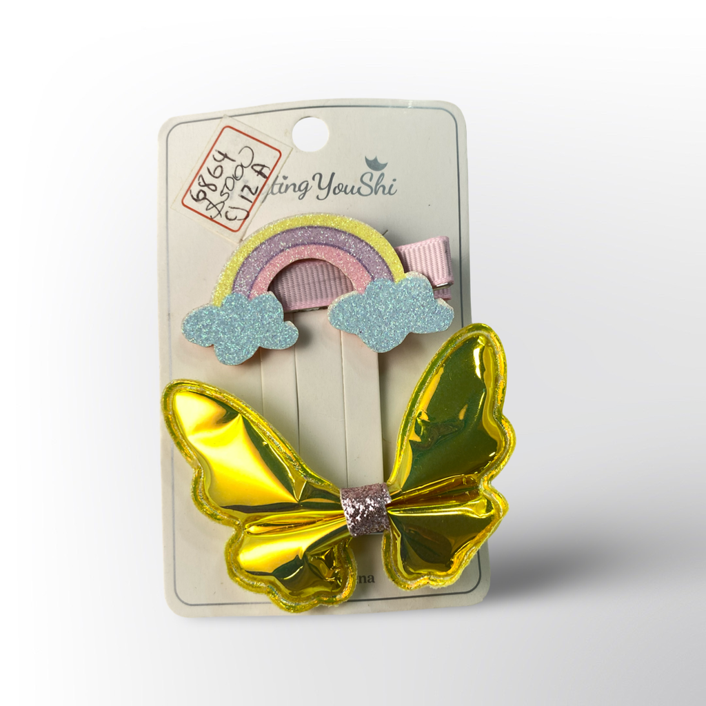 Set de Ganchos para Niña Arcoíris y Mariposa Tornasol con Glitter (Accesorios de Cabello Kawaii)