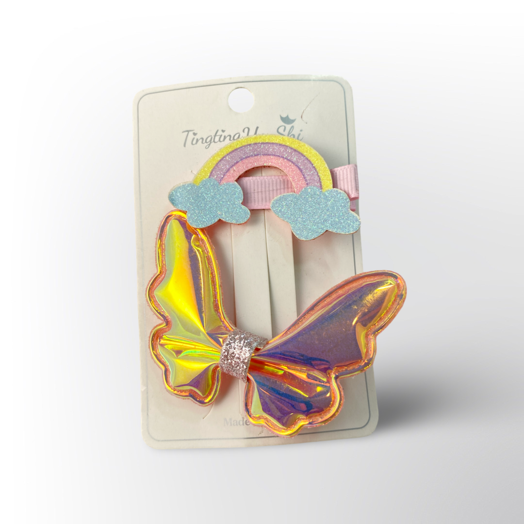 Set de Ganchos para Niña Arcoíris y Mariposa Tornasol con Glitter (Accesorios de Cabello Kawaii)