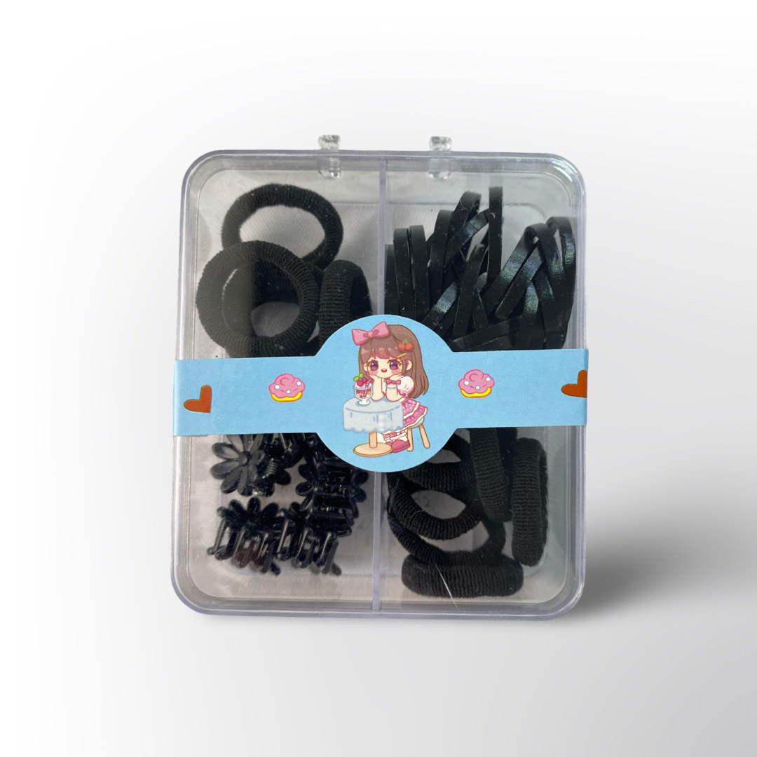 Set de Ligas y Ganchitos 🖤 – Caja organizadora con ligas, donas y pasadores negros, perfecta para el día a día.