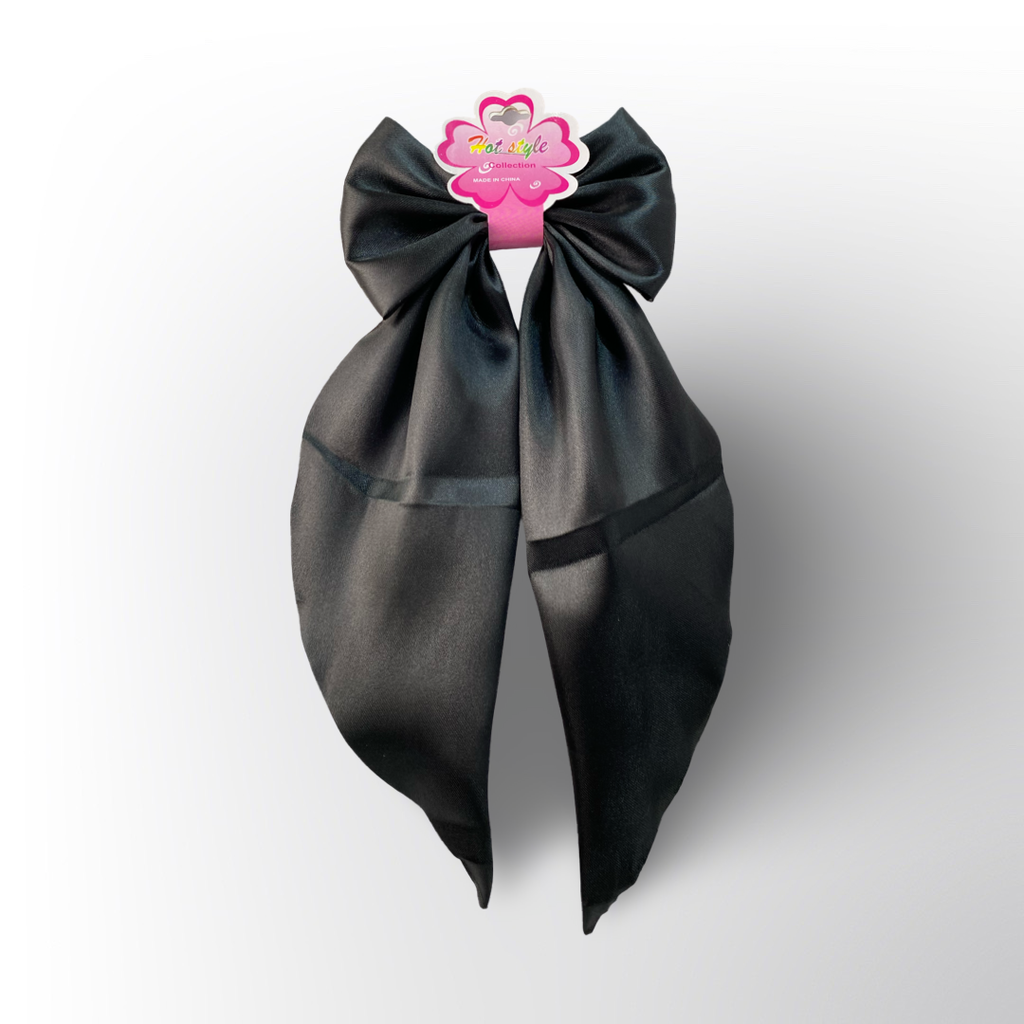 Moño Satín 🤍 – Lazo largo y elegante en satín blanco y negro, perfecto para darle un toque delicado y sofisticado a tu peinado.