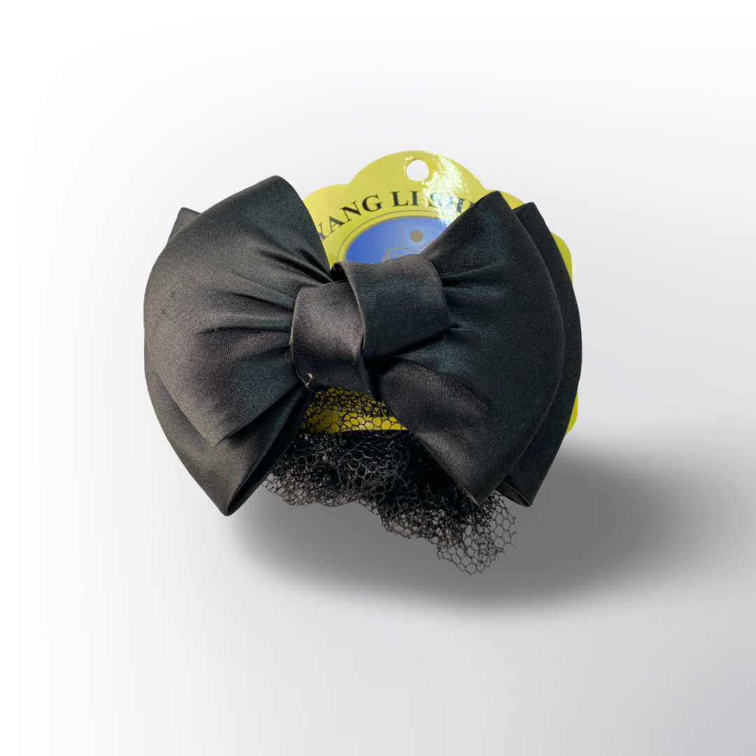 Moño Negro Clásico 🎀 – Lazo de satin en color negro con redecilla incorporada, ideal para un peinado pulido y elegante.