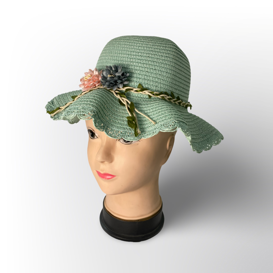 Sombrero de Playa para Niña Verde con Flores Decorativas – Elegante y Ligero