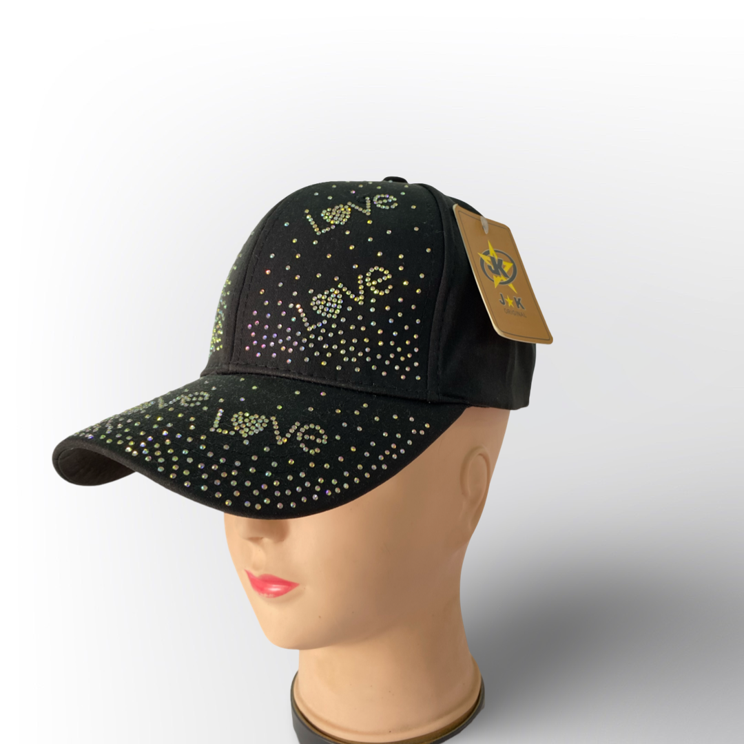 Gorra negra para mujer con pedrería y diseño “Love” – Sombrero moderno y brillante