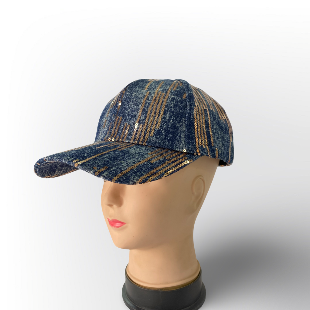 Gorra Denim Azul con Lentejuelas Brillantes para Mujer – Estilo Casual y Moderno