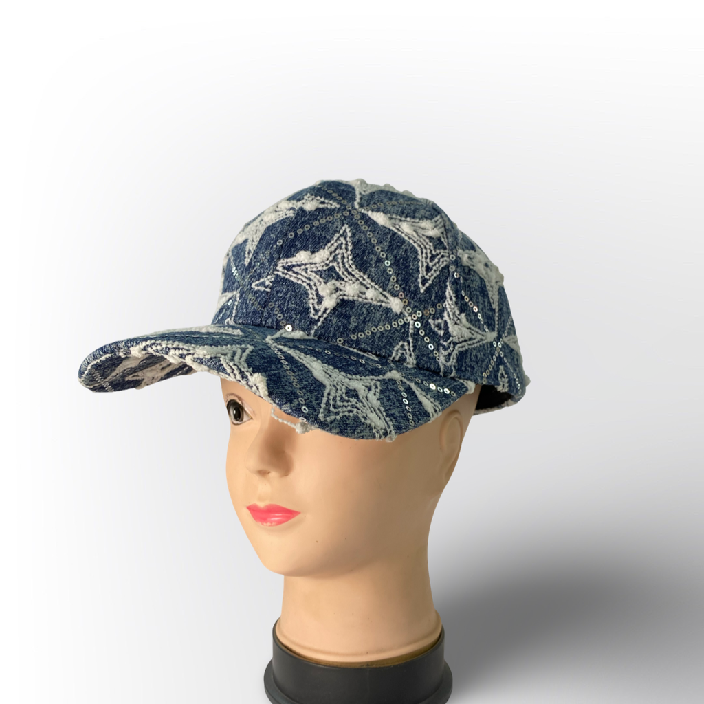 Gorra Denim Azul con Lentejuelas Brillantes para Mujer – Estilo Casual y Moderno