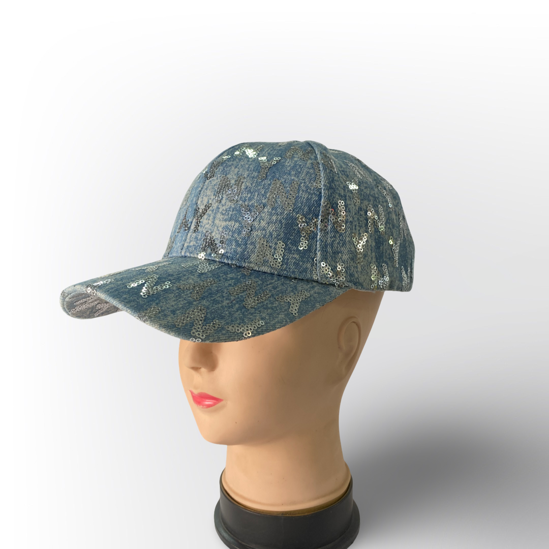 Gorra Denim Azul con Lentejuelas Brillantes para Mujer – Estilo Casual y Moderno
