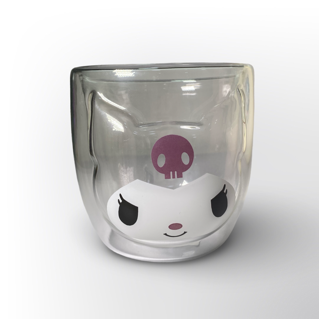 Vaso de Vidrio Doble Pared con Diseño de Carita Kuromi– Taza Original para Café y Té