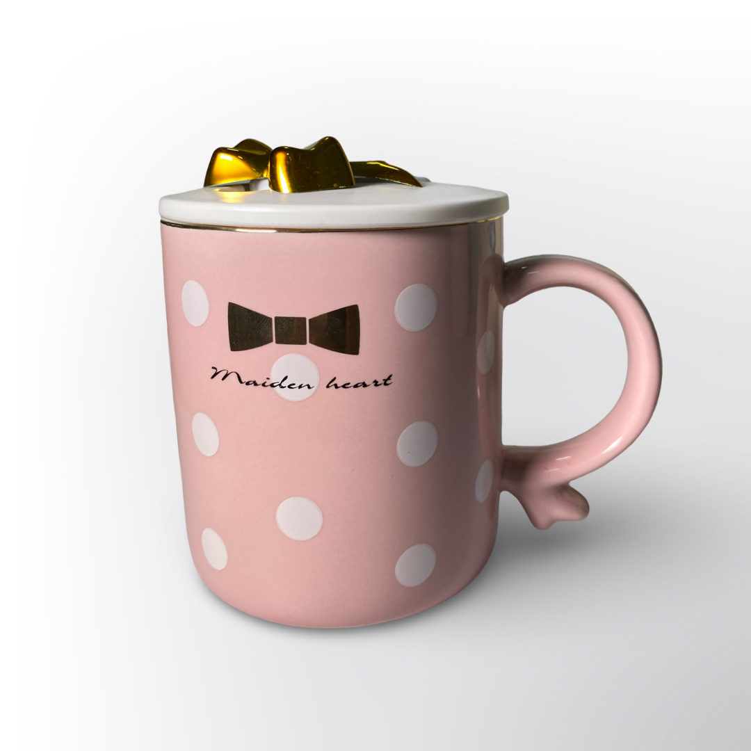 Taza de Cerámica Rosa con Lunares y Tapa Porta Celular– Vaso Elegante para Café y Té