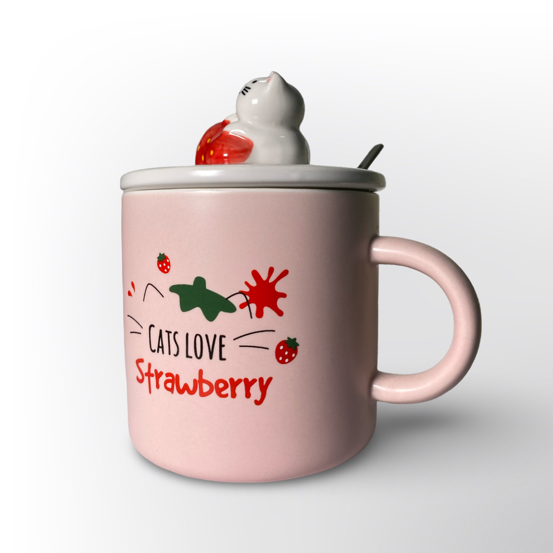 Taza de Cerámica Rosa con Gato y Fresas – Vaso con Tapa Decorativa para Café y Té