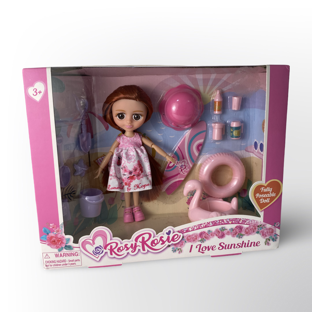 Muñeca RosyRosie I Love Sunshine con Accesorios de Playa – Juguete Articulado para Niñas 3+