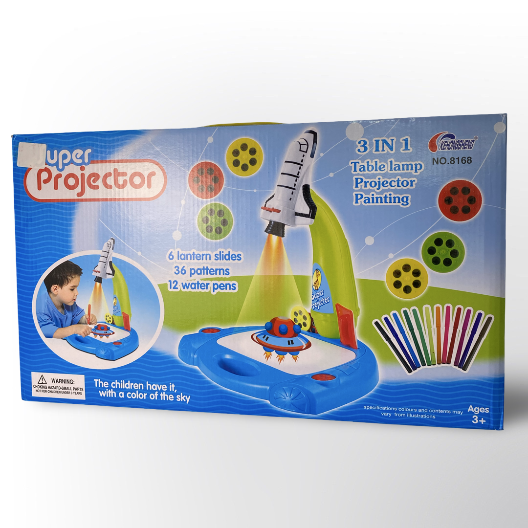 Proyector Infantil 3 en 1 con Lámpara de Mesa y Juego de Pintura – Set Creativo con 36 Patrones y 12 Plumones