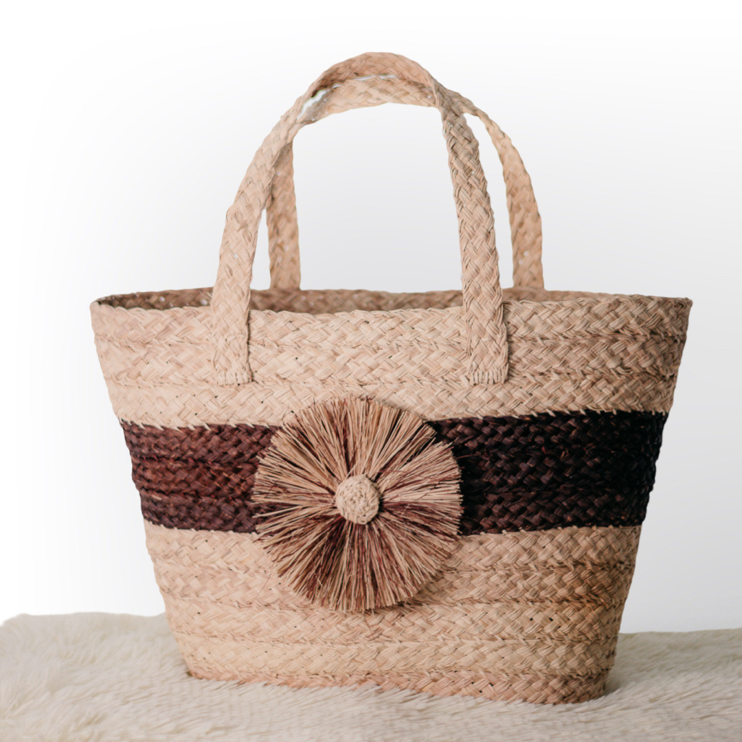 Bolso de Playa de yute con Franja Marrón y Flor | Bolso de Compras Artesanal