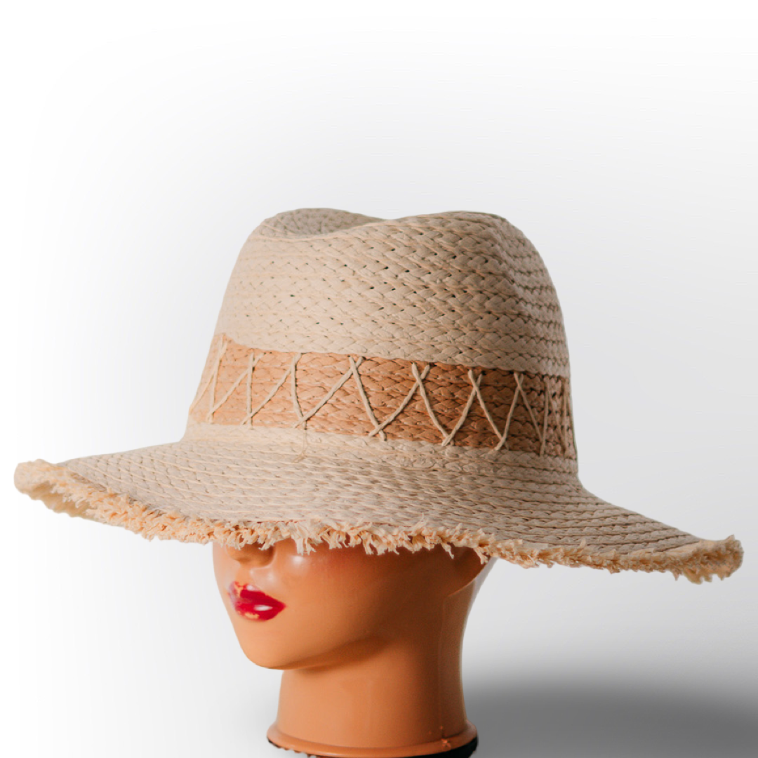 Sombrero de Paja Deshilachado | Estilo Bohemio Rústico con Banda Bordada