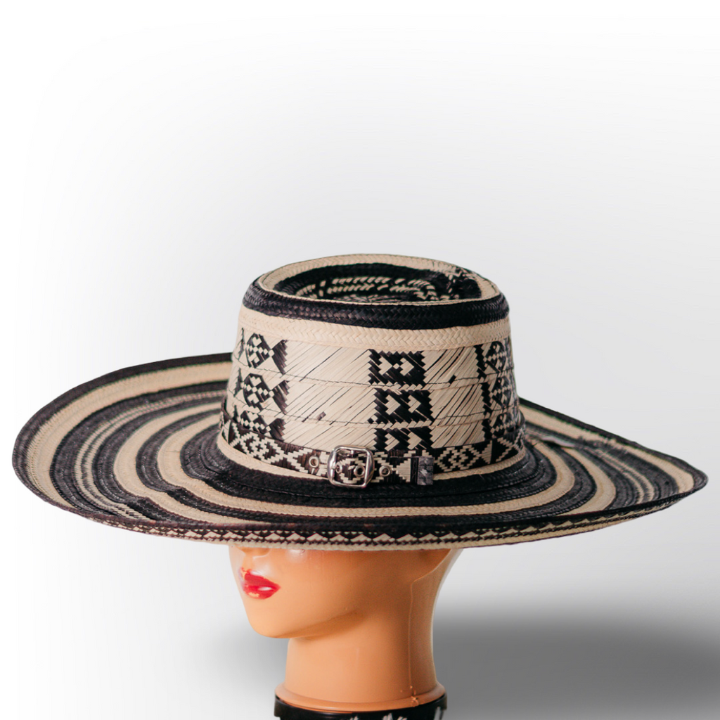 Sombrero Volteado de 19 Vueltas Rayas Negras con Patrón Étnico | Elegancia Bohemio Chic