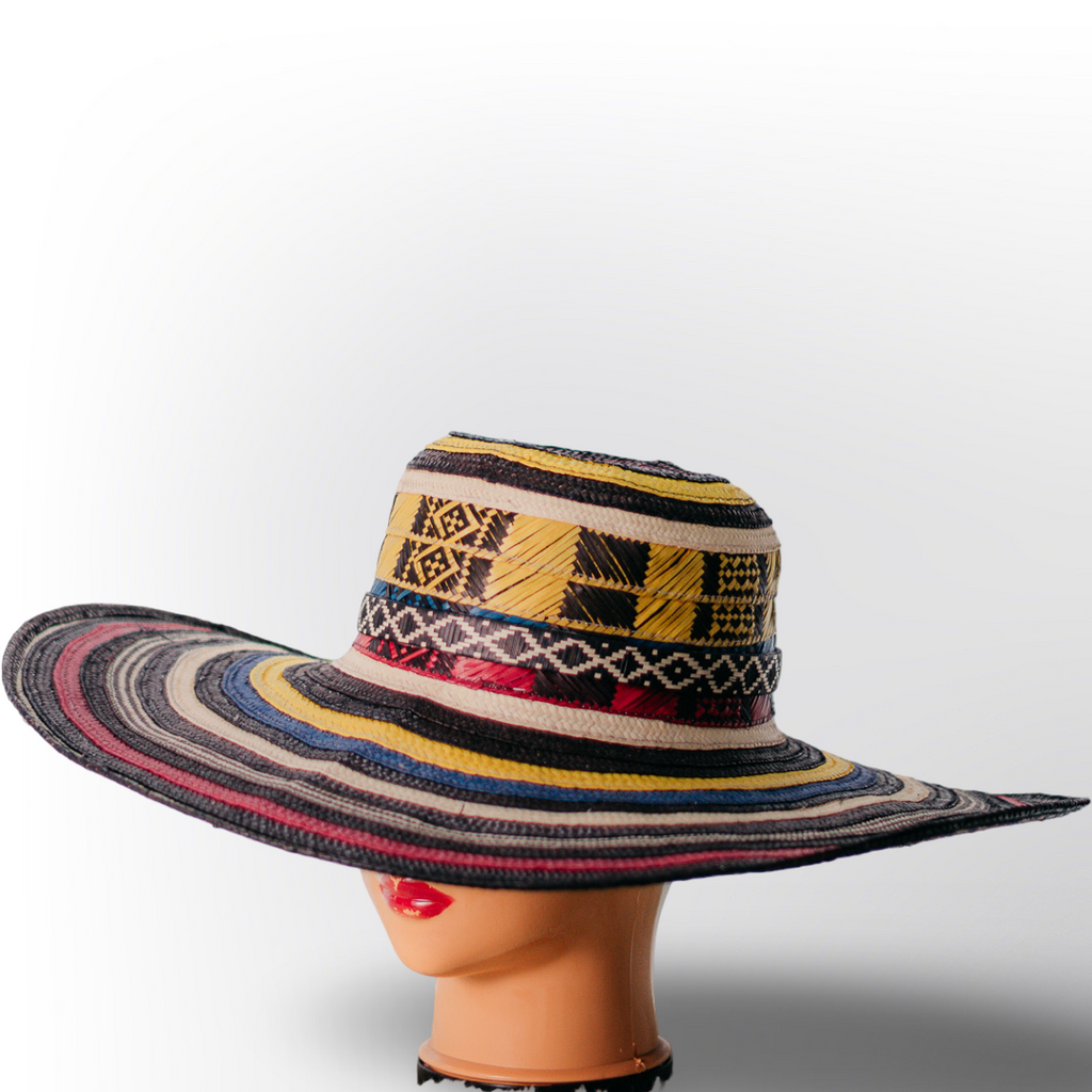 Sombrero Volteado de 19 Vueltas Rayas Negras con Patrón Étnico | Elegancia Bohemio Chic
