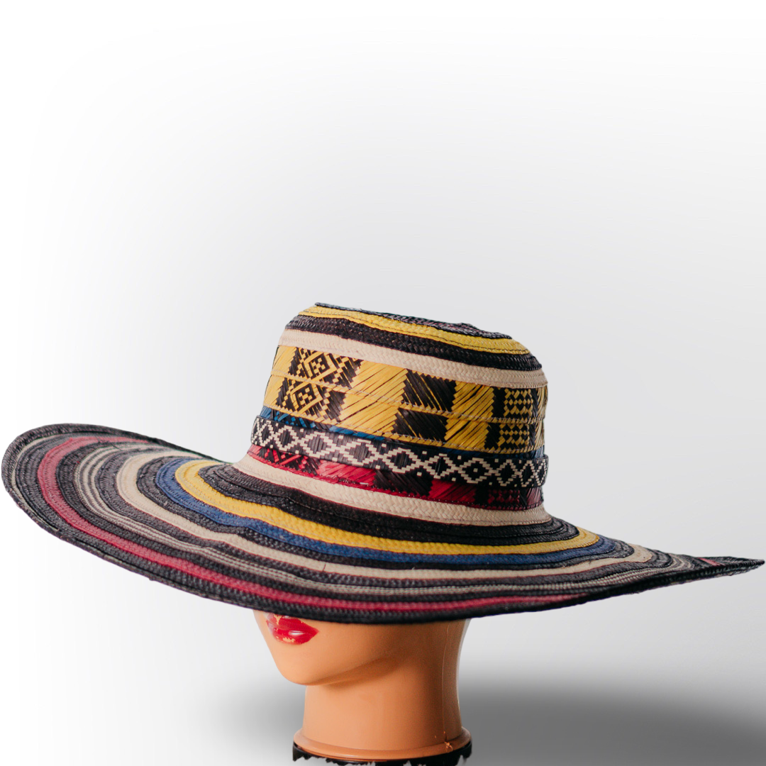 Sombrero Volteado de 19 Vueltas Rayas Negras con Patrón Étnico | Elegancia Bohemio Chic