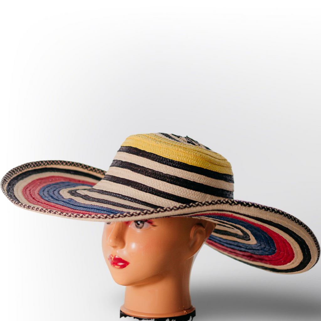 Sombrero Volteado de 19 Vueltas Rayas Negras con Patrón Étnico | Elegancia Bohemio Chic