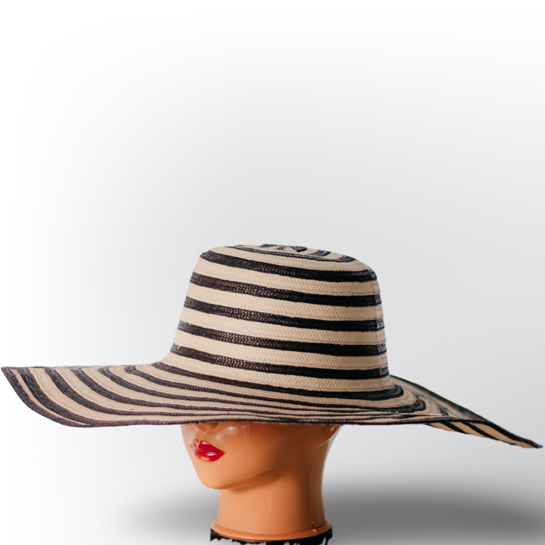 Sombrero Volteado de 19 Vueltas Rayas Negras con Patrón Étnico | Elegancia Bohemio Chic