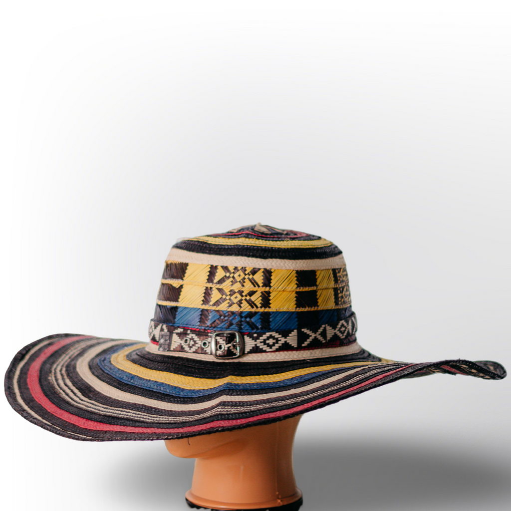 Sombrero Volteado de 19 Vueltas Rayas Negras con Patrón Étnico | Elegancia Bohemio Chic