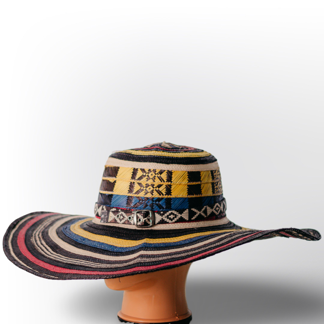 Sombrero Volteado de 19 Vueltas Rayas Negras con Patrón Étnico | Elegancia Bohemio Chic