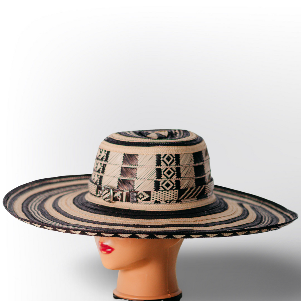 Sombrero Volteado de 19 Vueltas Rayas Negras con Patrón Étnico | Elegancia Bohemio Chic