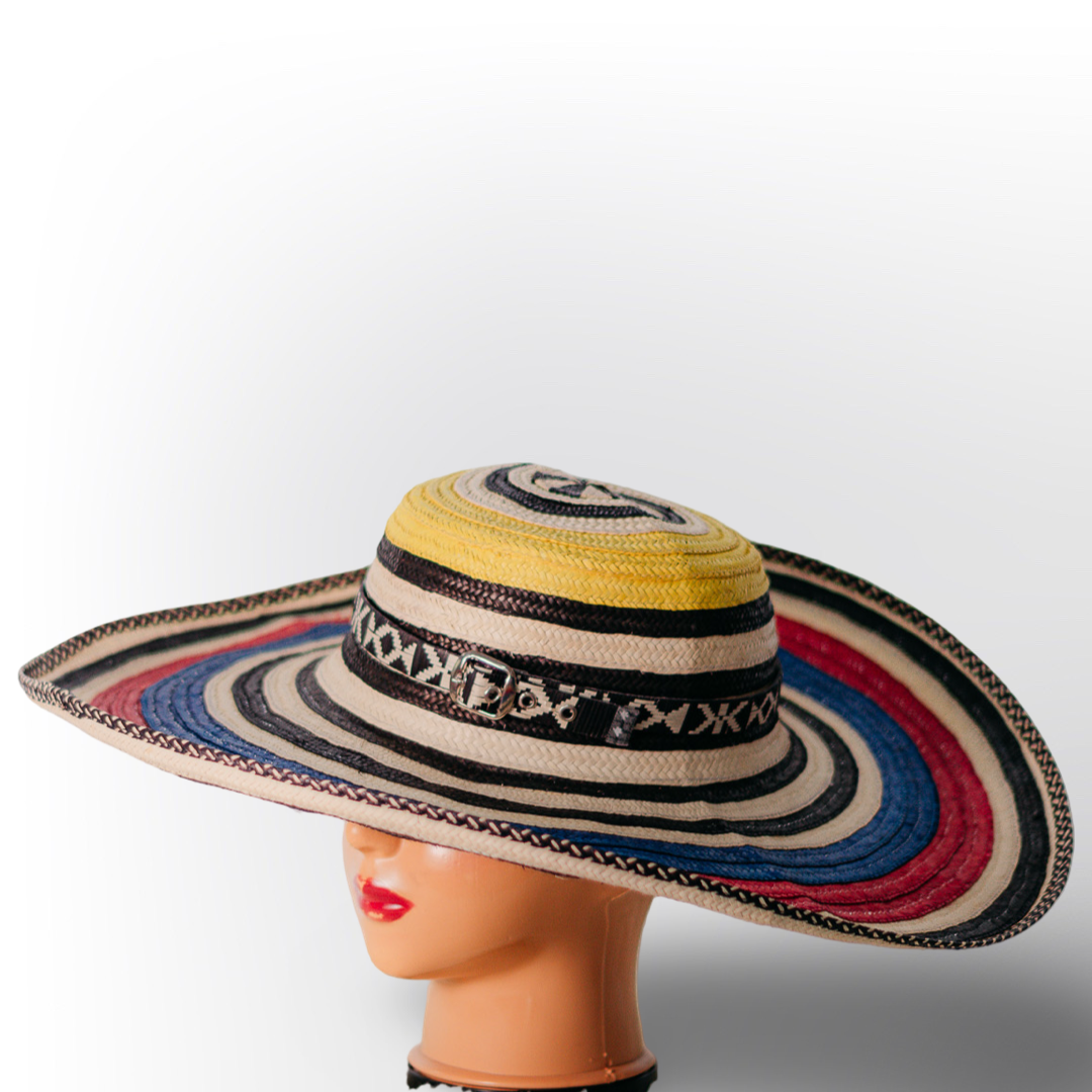 Sombrero Volteado de 19 Vueltas Rayas Negras con Patrón Étnico | Elegancia Bohemio Chic