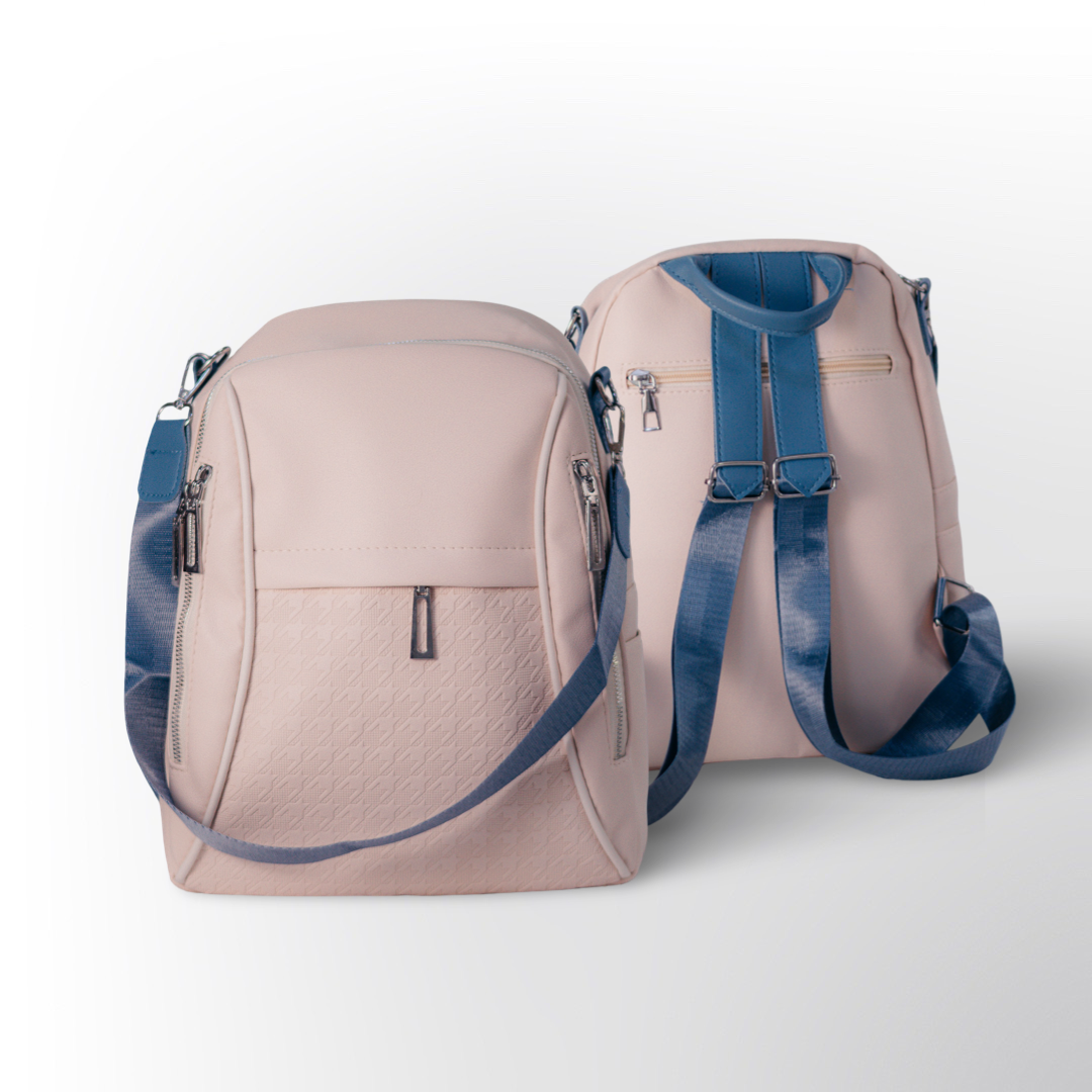 Mochila Convertible Rosa con Correas Azul Marino para Mujer – Moderna y Multifuncional
