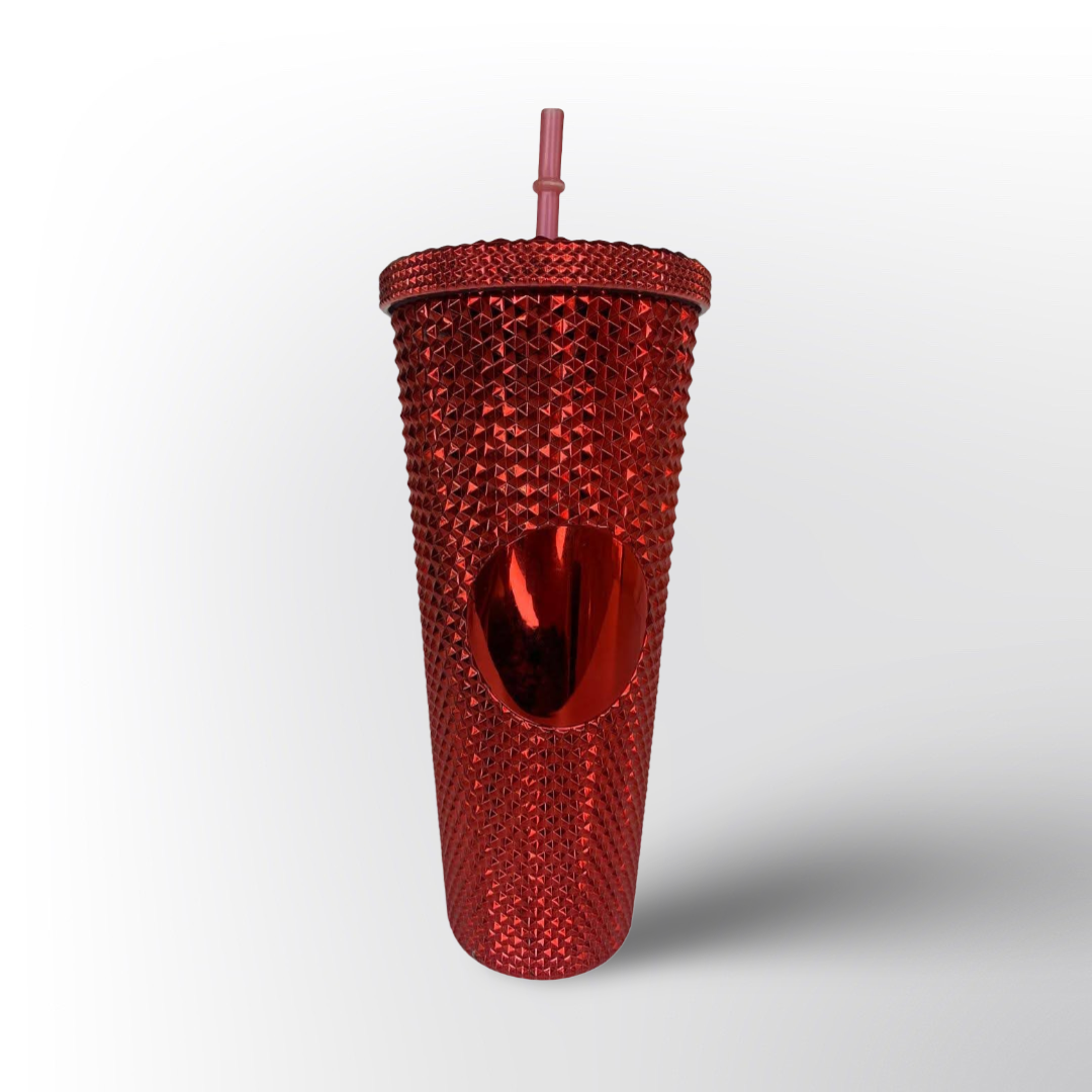 Termo Brillante con Textura Diamante y Pitillo Reutilizable