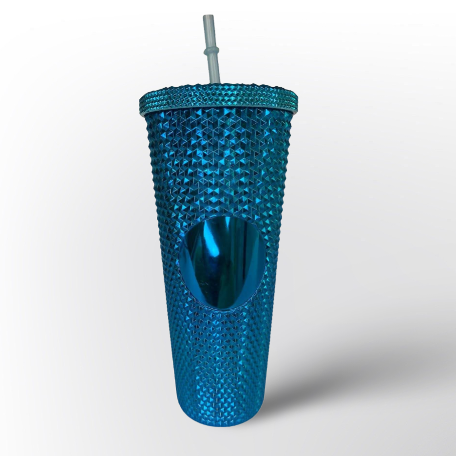 Termo Brillante con Textura Diamante y Pitillo Reutilizable