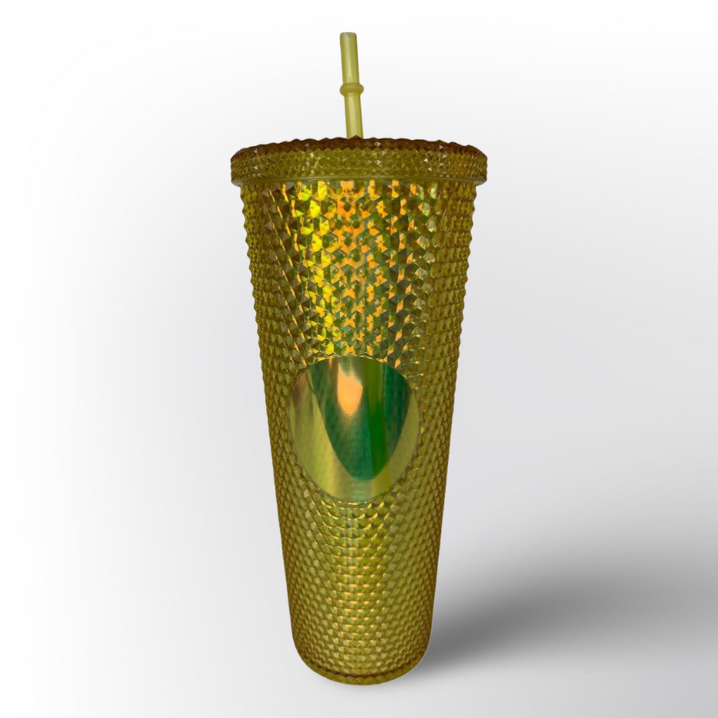 Termo Brillante con Textura Diamante y Pitillo Reutilizable