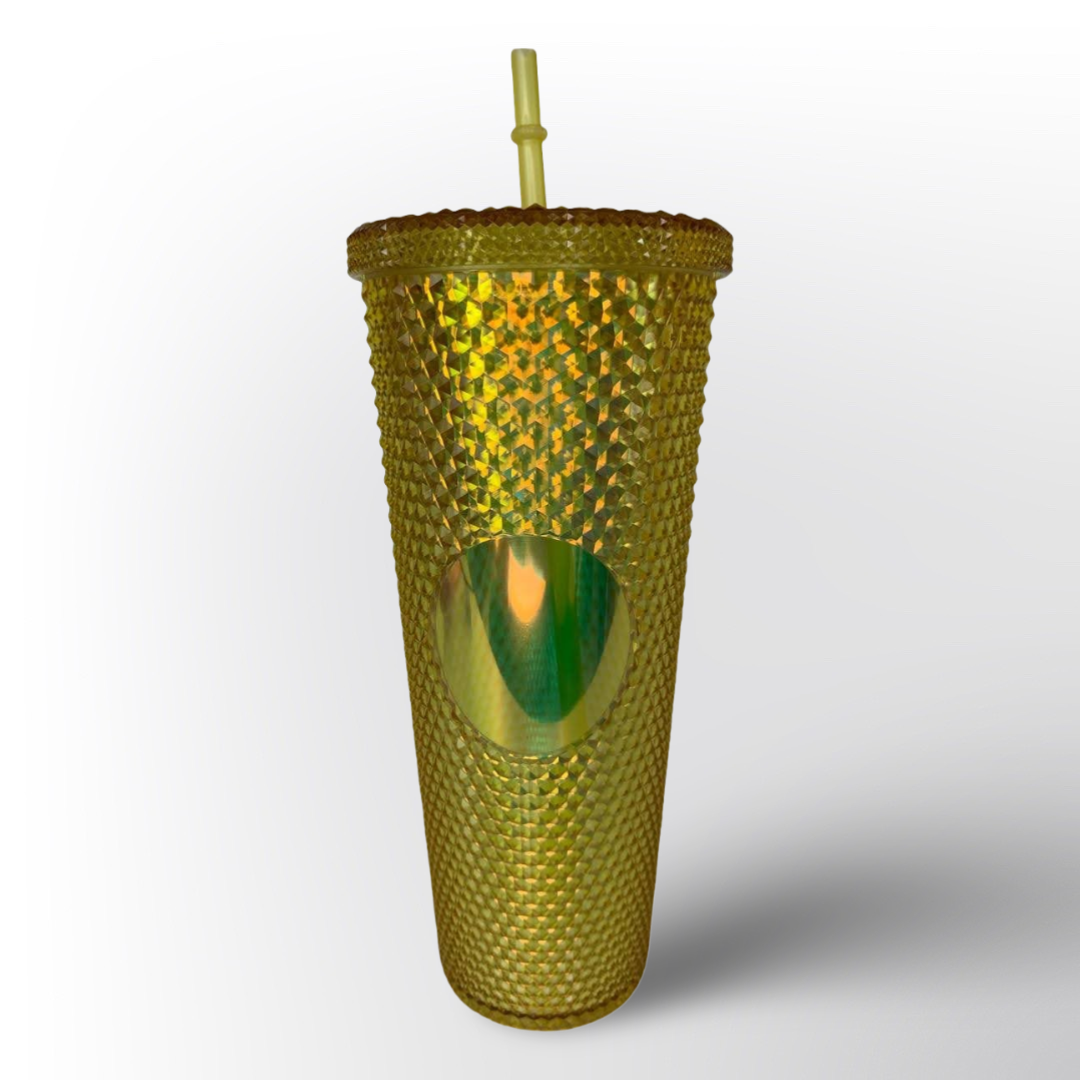 Termo Brillante con Textura Diamante y Pitillo Reutilizable