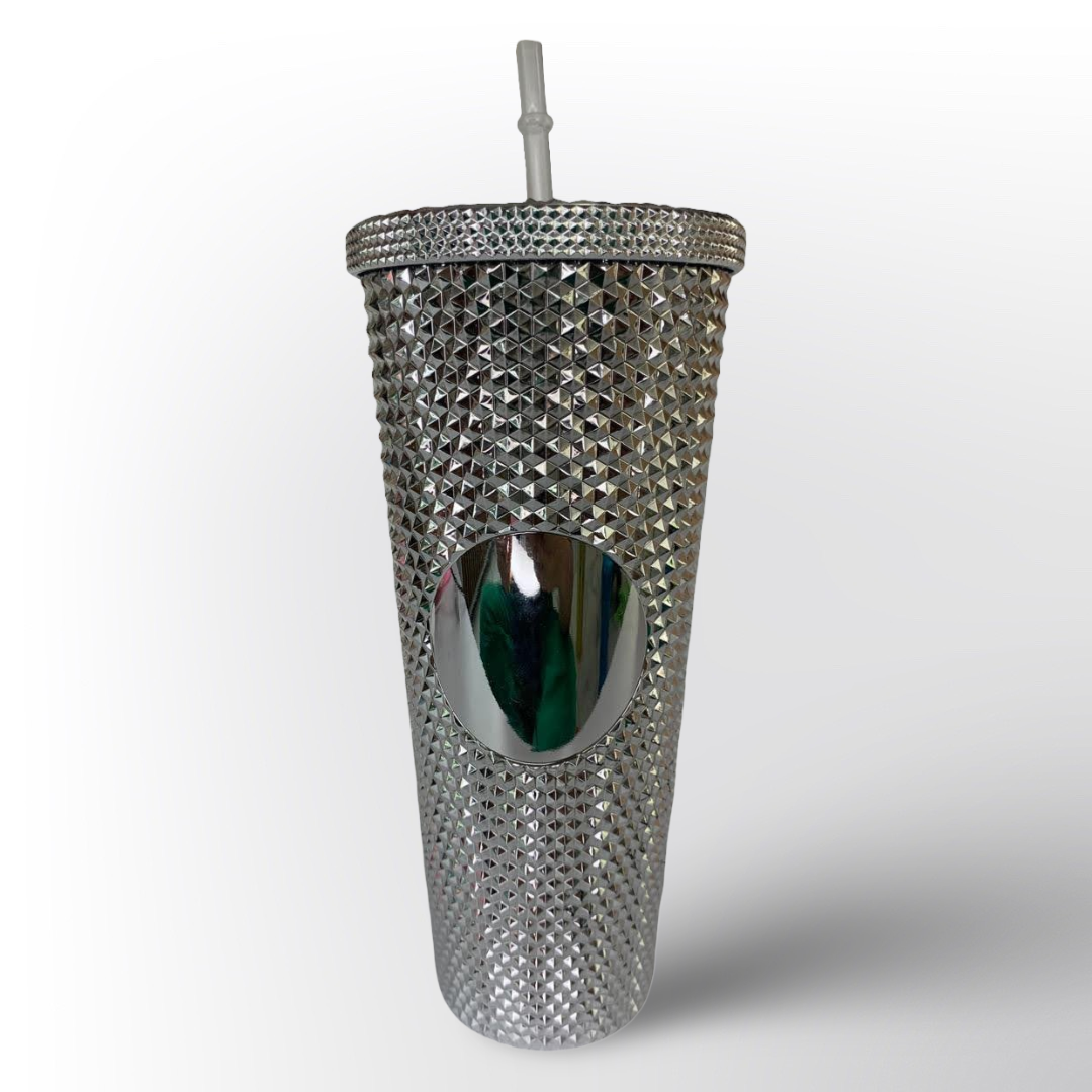 Termo Brillante con Textura Diamante y Pitillo Reutilizable