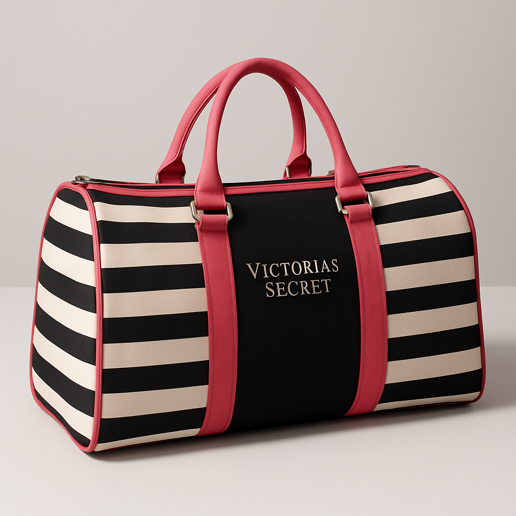 Bolsa de Viaje Victoria’s Secret – Duffel Rayas Negras y Blancas con Detalles Rosa-Blanco y negro