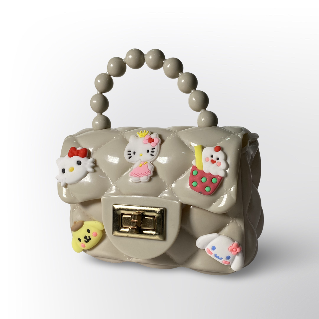Bolso Infantil Beige con Personajes Sanrio | Carterita Hello Kitty Decorada con Asa de Perlas