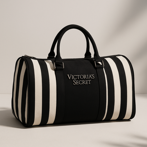 Bolsa de Viaje Victoria’s Secret – Duffel Rayas Negras y Blancas con Detalles Rosa-Blanco y negro